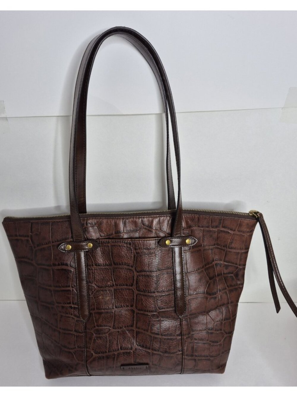 Fossil Felicity Tote Brown Croco Double Strap Zipper Pockets Cow Hide Leather